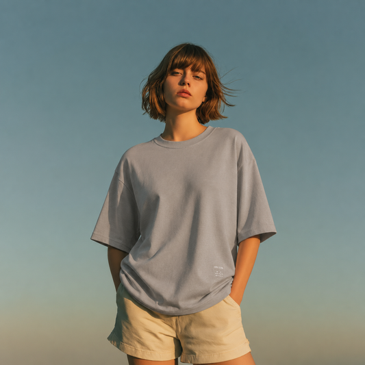 Person wearing an oversized gray Found In Time graphic t-shirt featuring vintage-inspired artwork celebrating nostalgia, adventure, and timeless style.