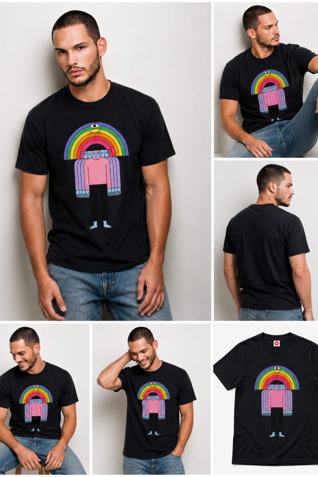 Male model wearing the Friends Tee by Del Lago Greenwich, featuring a colorful rainbow character graphic on a black t-shirt. Lifestyle collage shows multiple angles, fit details, back view, and flat product image.