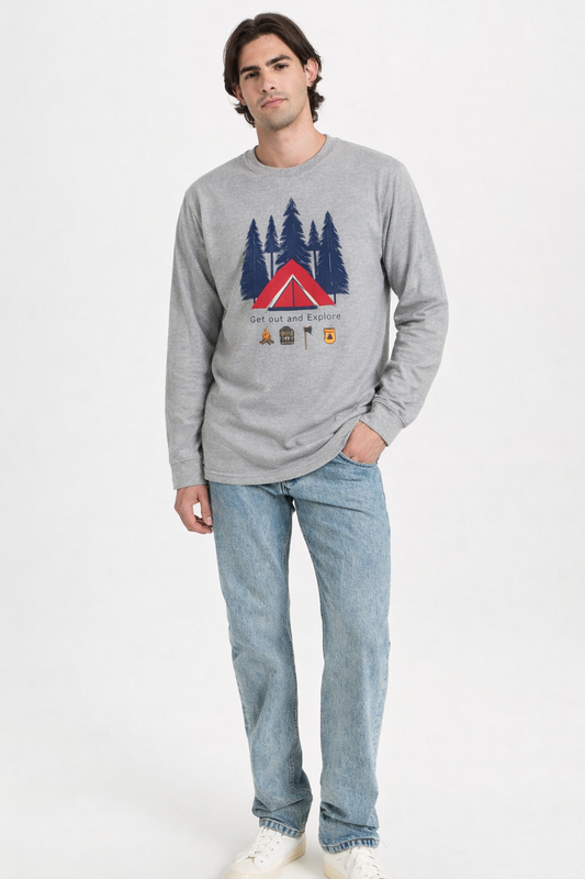 Man wearing a gray sweatshirt with a camping design on a white background