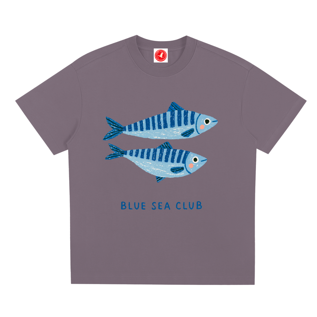 Gray t-shirt with blue fish design and 'Blue Sea Club' text on a white background