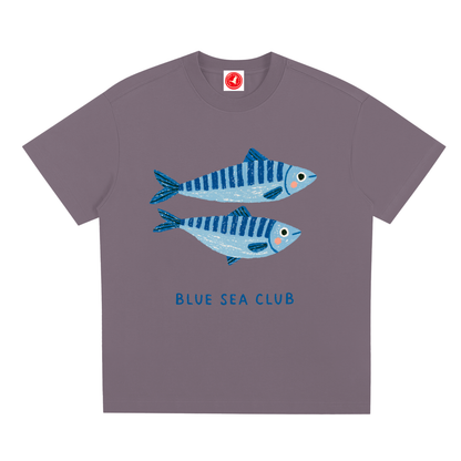 Gray t-shirt with blue fish design and 'Blue Sea Club' text on a white background