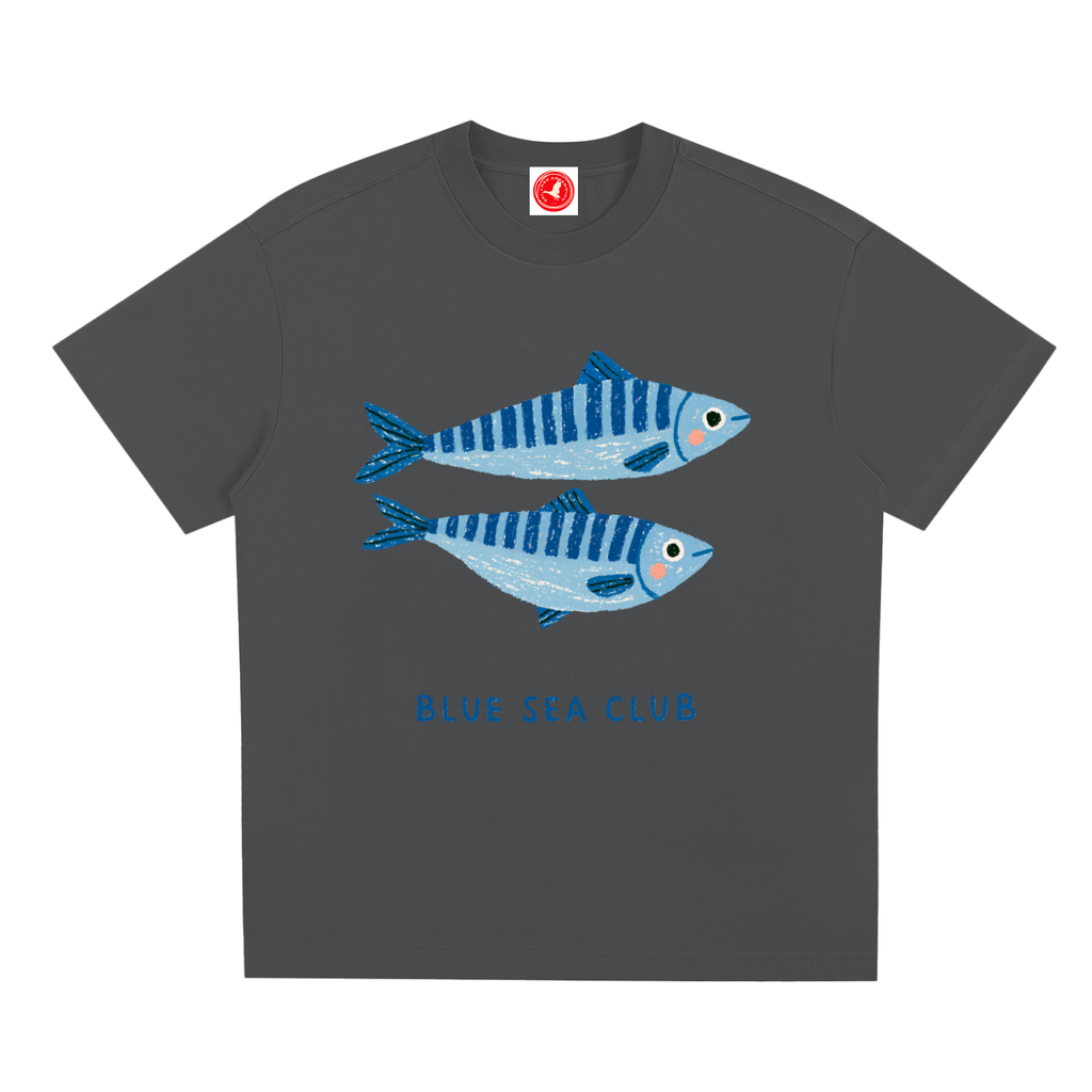 Gray t-shirt with blue fish design and 'Blue Sea Club' text on a white background