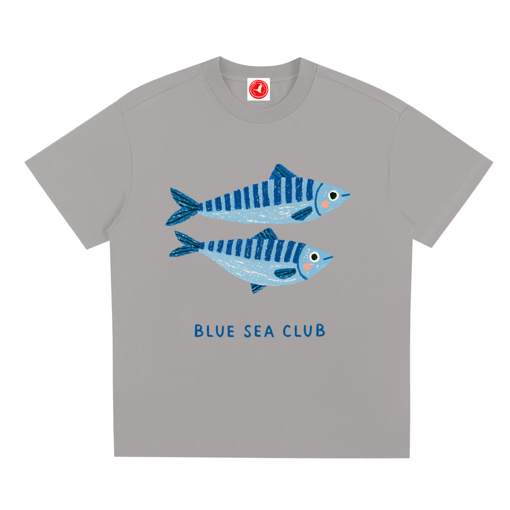 Gray t-shirt with blue fish design and 'Blue Sea Club' text on a white background