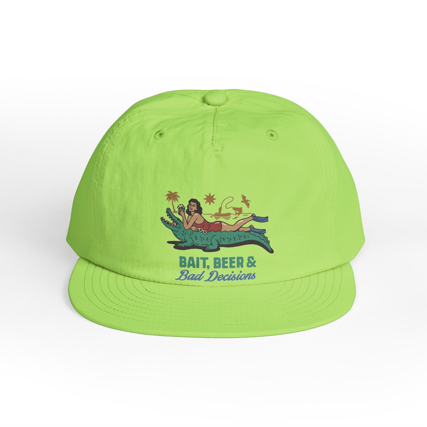Green surfer cap featuring a retro beach graphic with tropical artwork and vintage-inspired design.
