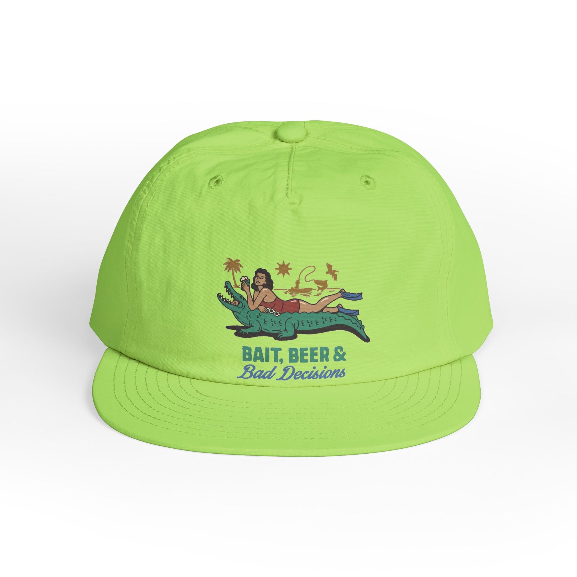 Green surfer cap featuring a retro beach graphic with tropical artwork and vintage-inspired design.