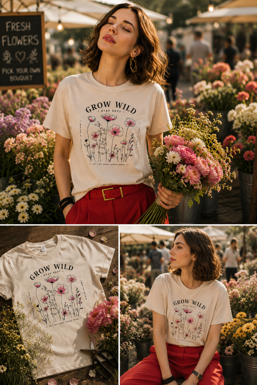 Woman holding flowers and wearing a Grow Wild graphic t-shirt featuring nature-inspired artwork celebrating growth, freedom, and wild beauty.