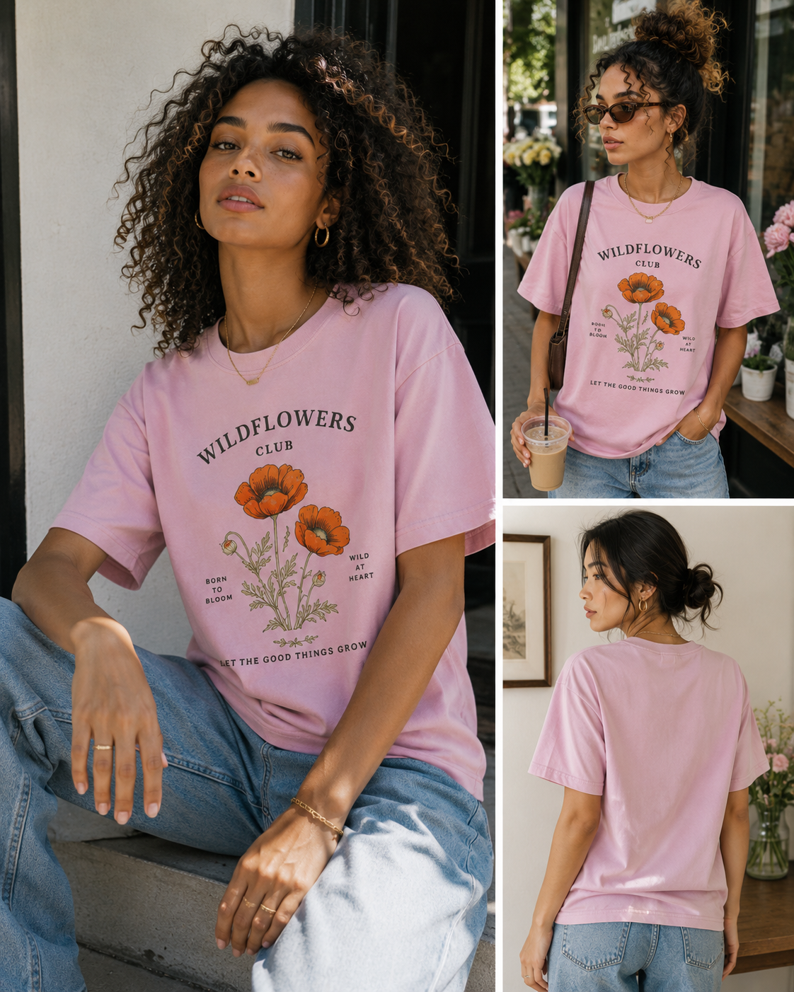 Woman wearing a pink Grow Wild graphic t-shirt featuring nature-inspired artwork celebrating growth, freedom, and wild beauty.
