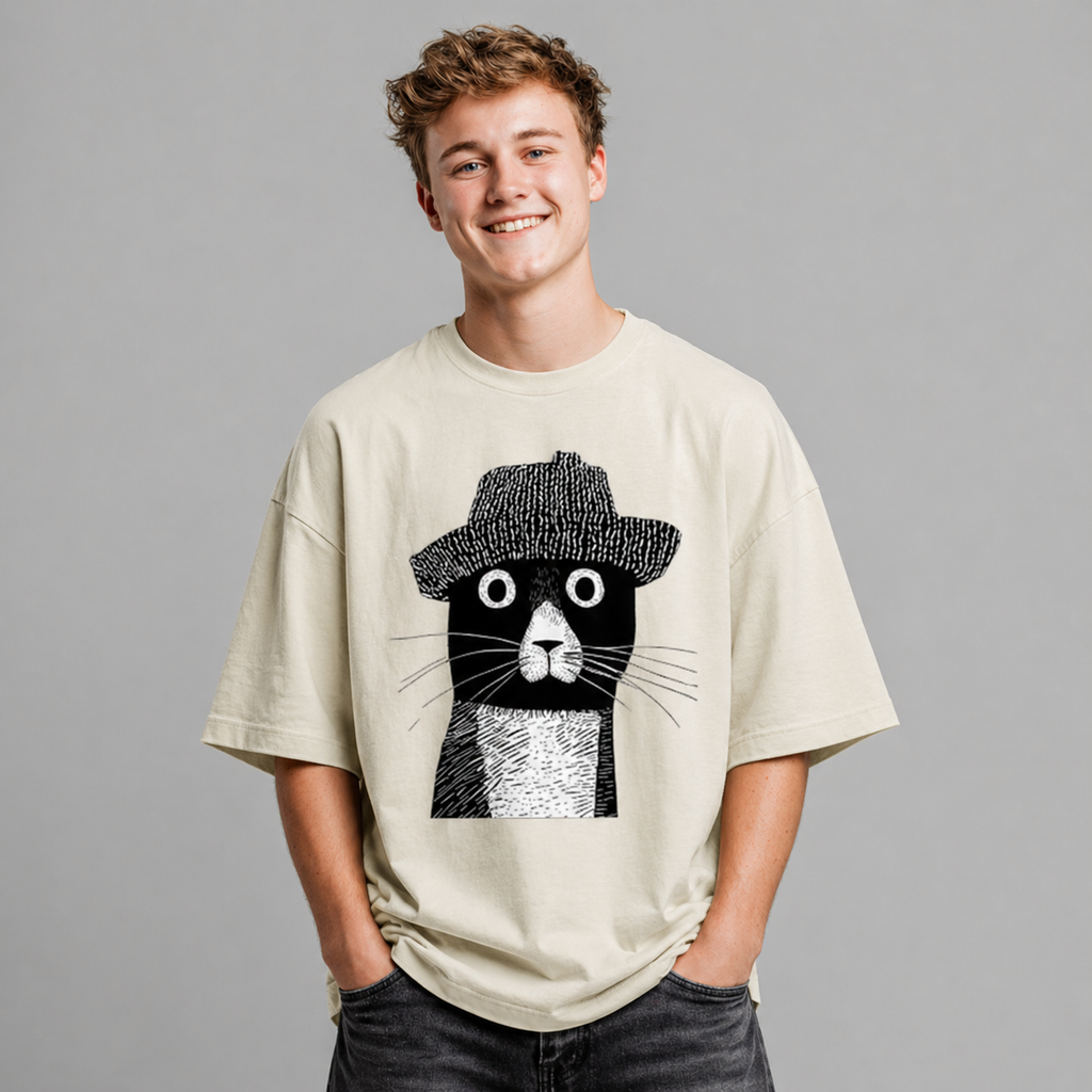 Person wearing Hat Cat graphic oversized t-shirt