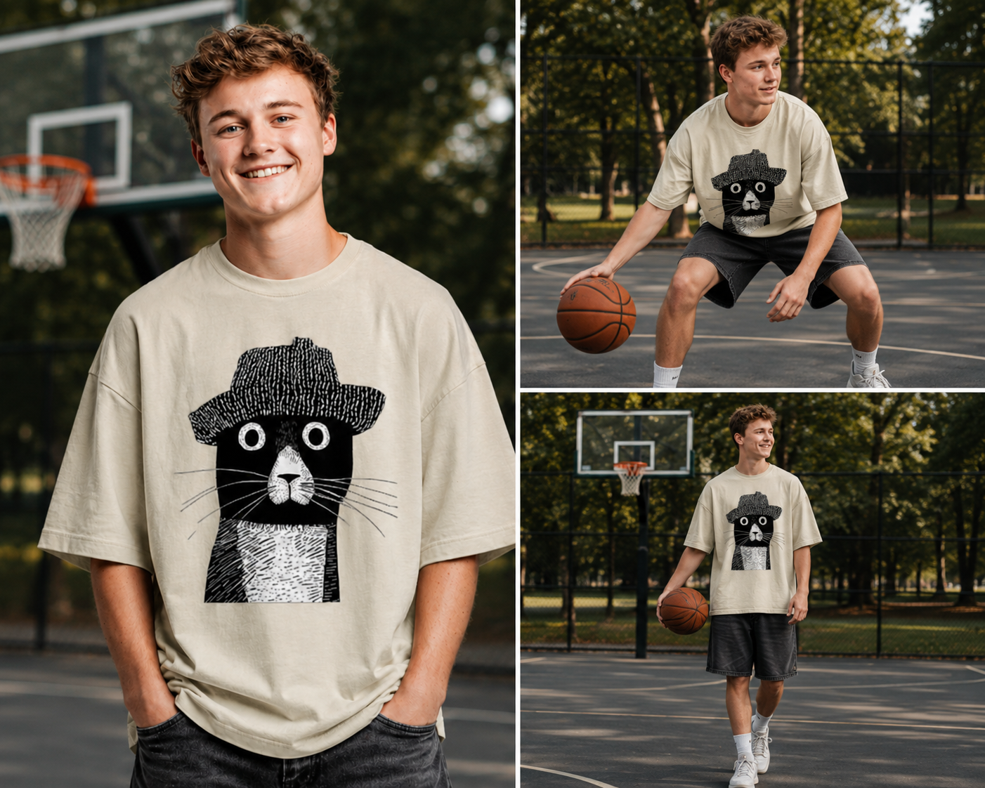 Boy wearing Hat Cat Graphic Tee featuring playful cat illustration