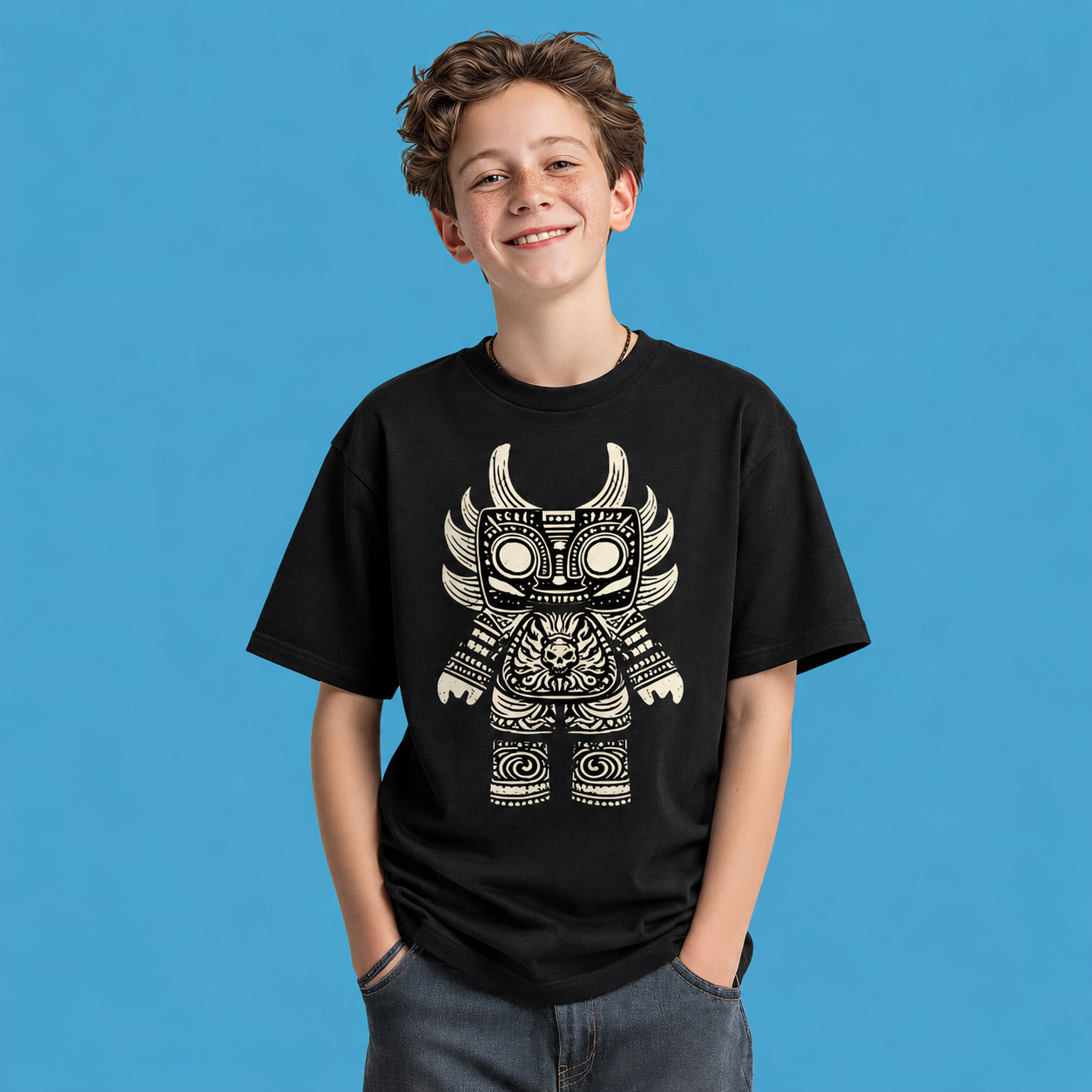 Model wearing Horned Totem Tee with symmetrical tribal graphic design