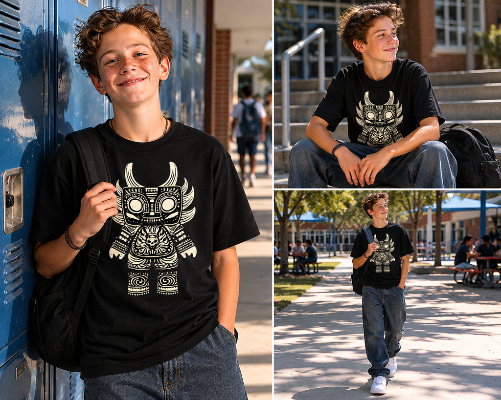 Horned Totem Tee worn by model featuring tribal-inspired horned totem artwork