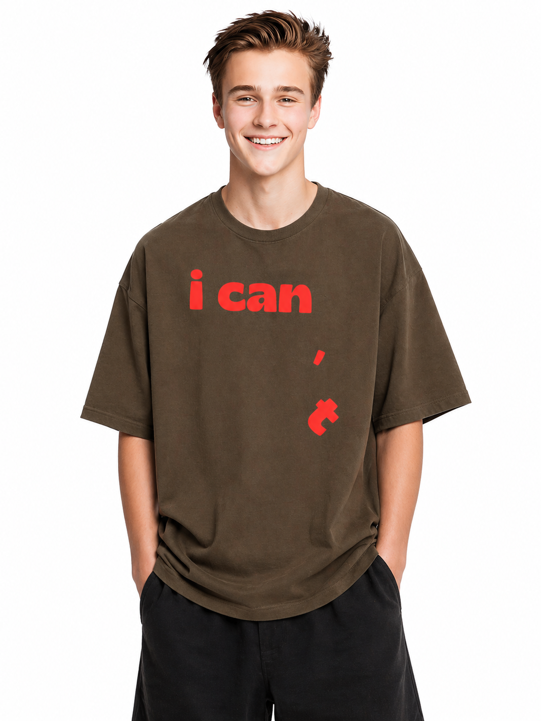 Person wearing I Can graphic oversized t-shirt