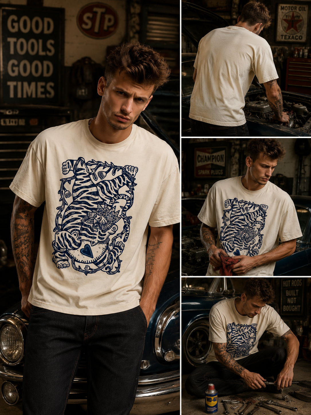Man wearing a white Ink Tiger graphic t-shirt featuring bold tiger artwork inspired by wildlife and traditional ink illustration.
