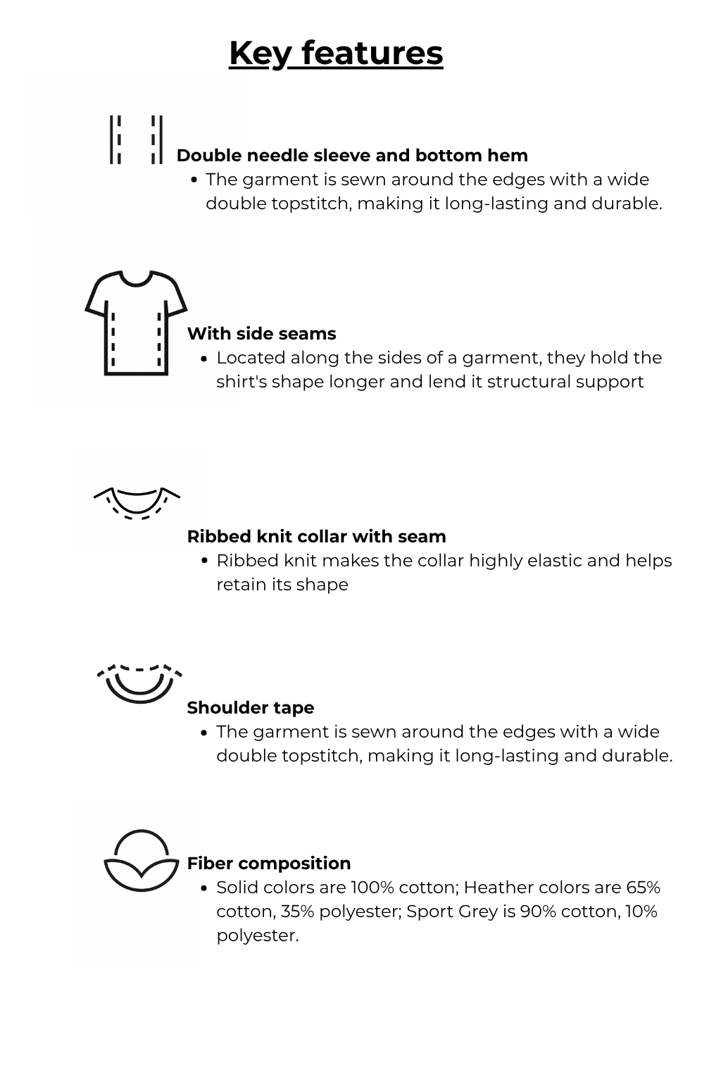 Text description of key features with icons on a white background