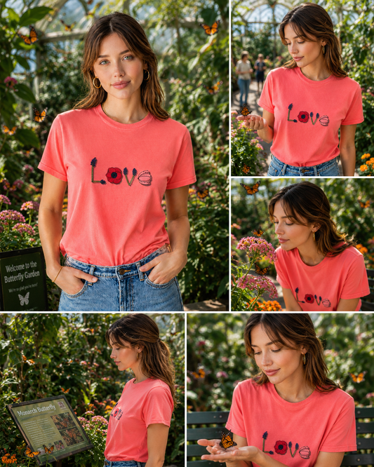 Woman wearing a pink LOVE graphic t-shirt featuring bold artistic lettering inspired by positivity, connection, and everyday happiness.