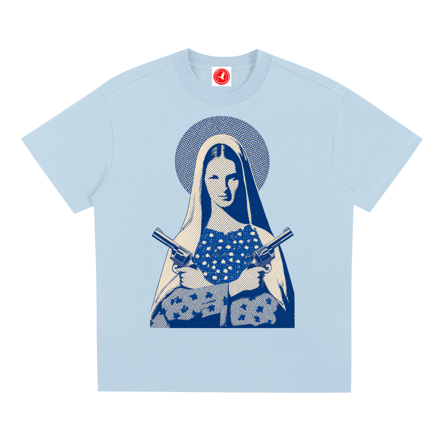 Light blue Outlaw Saint Sorona® oversized drop-shoulder graphic tee with blue vintage-inspired artwork.