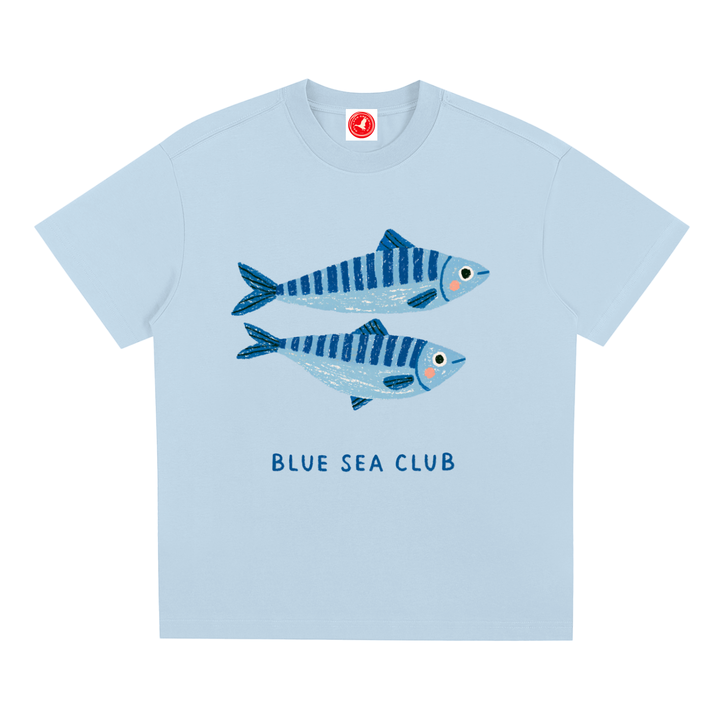 Light blue t-shirt with fish design and 'Blue Sea Club' text on a white background
