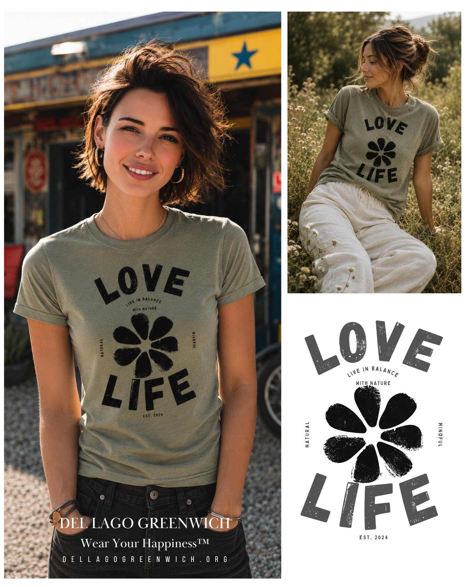 Woman wearing a 'Love Life' women's graphic t-shirt featuring uplifting artwork inspired by positivity, creativity, and everyday happiness.