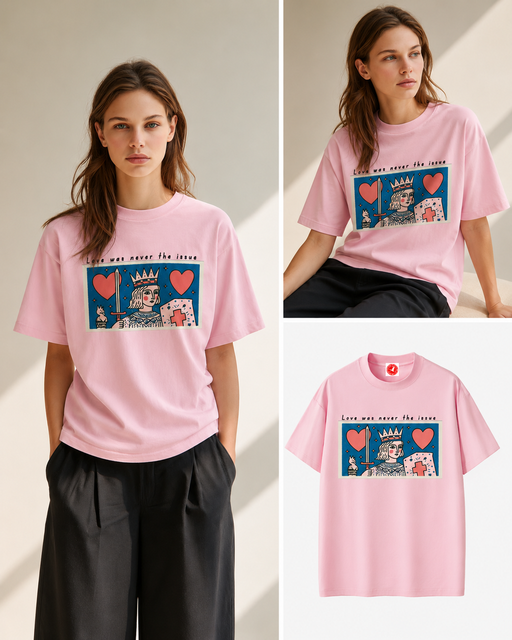 Woman wearing the Love Was Never the Issue pink oversized Sorona® graphic tee shown in a three-panel Shopify product layout featuring lifestyle and product images.