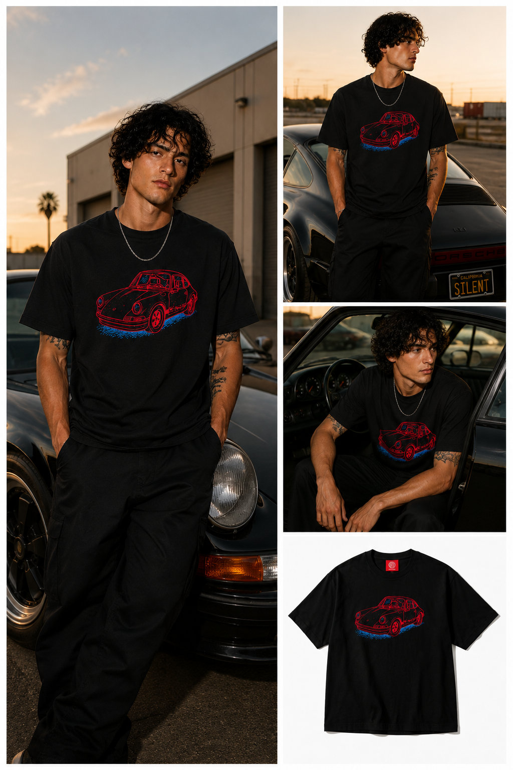 Man wearing the Silent Tactical black oversized graphic t-shirt featuring a neon-inspired sports car design and relaxed streetwear fit.