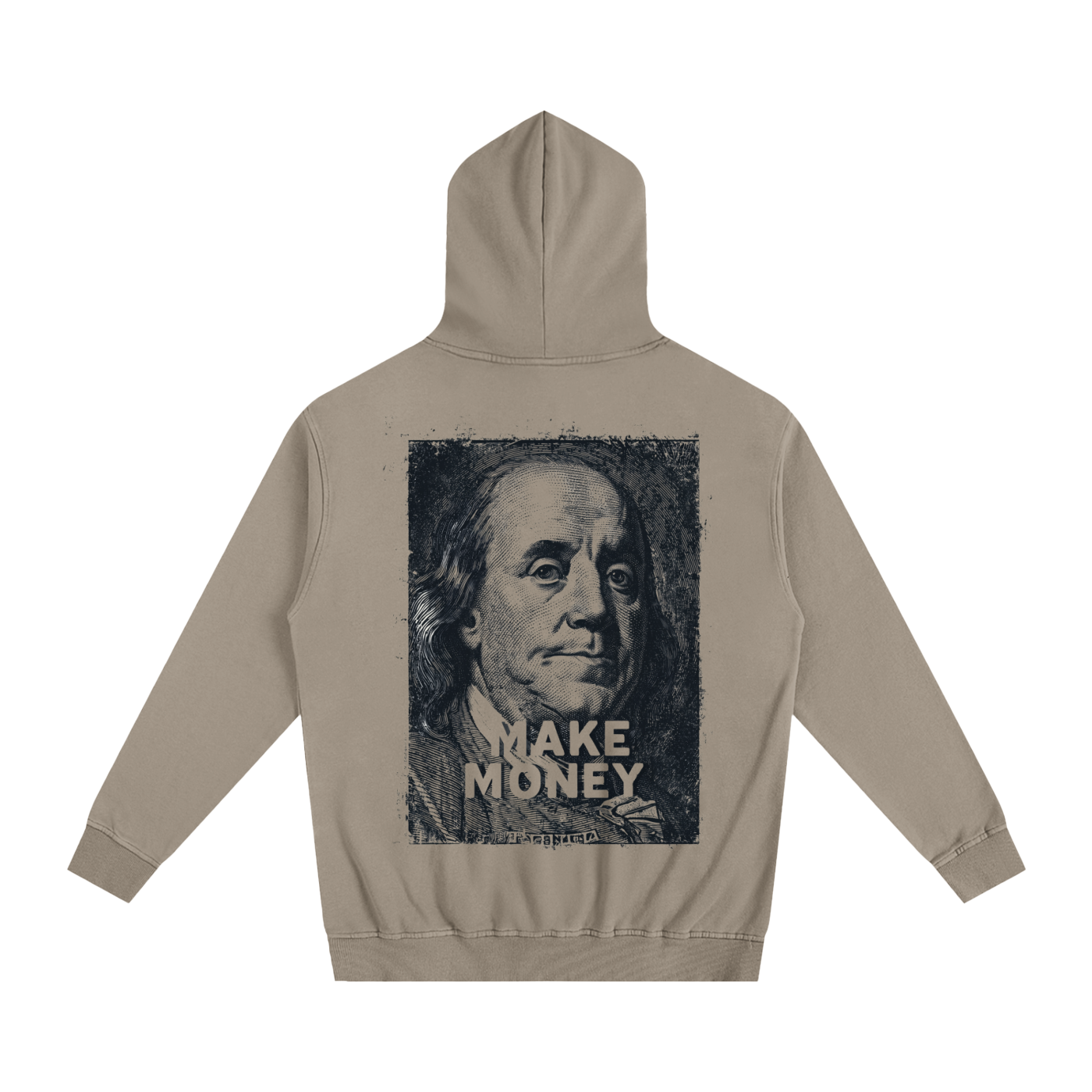 Beige hoodie with Benjamin Franklin graphic and 'MAKE MONEY' text on a white background
