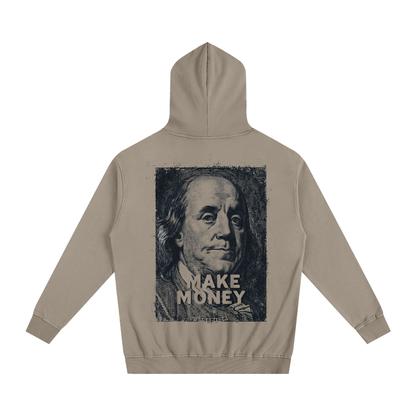 Beige hoodie with Benjamin Franklin graphic and 'MAKE MONEY' text on a white background