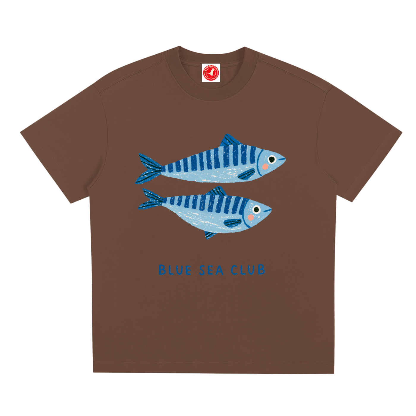 Brown Blue Sea Club graphic t-shirt featuring coastal-inspired artwork celebrating ocean adventures and seaside living.