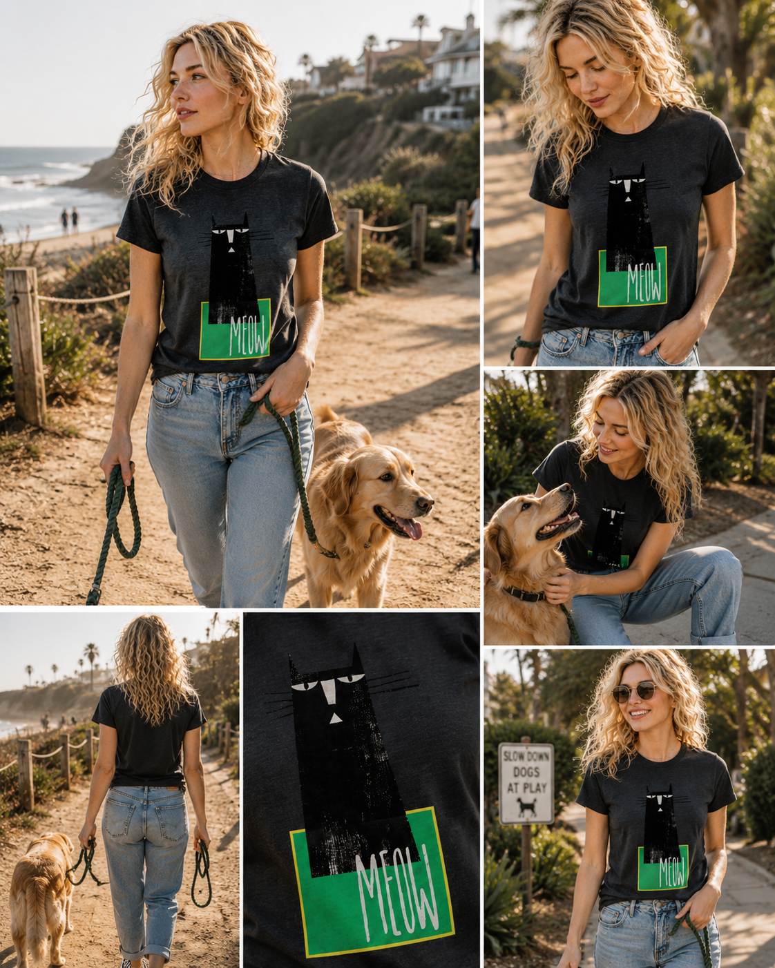 Woman walking a dog on a leash with a 'MEOW' MEOW graphic t-shirt featuring minimalist cat artwork inspired by feline lovers and modern design, surrounded by scenic outdoor settings.