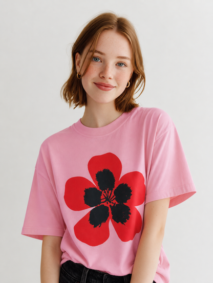 Person wearing a pink t-shirt with a red and black flower design on a plain background