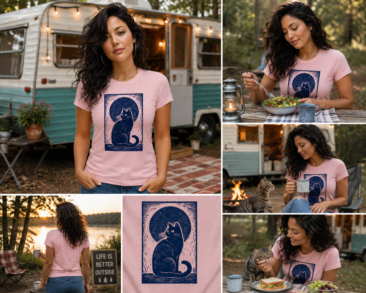 Midnight Cat Indigo graphic t-shirt featuring artistic cat artwork inspired by moonlit evenings and feline charm.