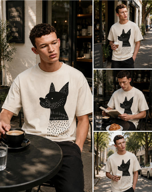 Man wearing a white Minimalist Dog Graphic tshirt sitting at an outdoor cafe.