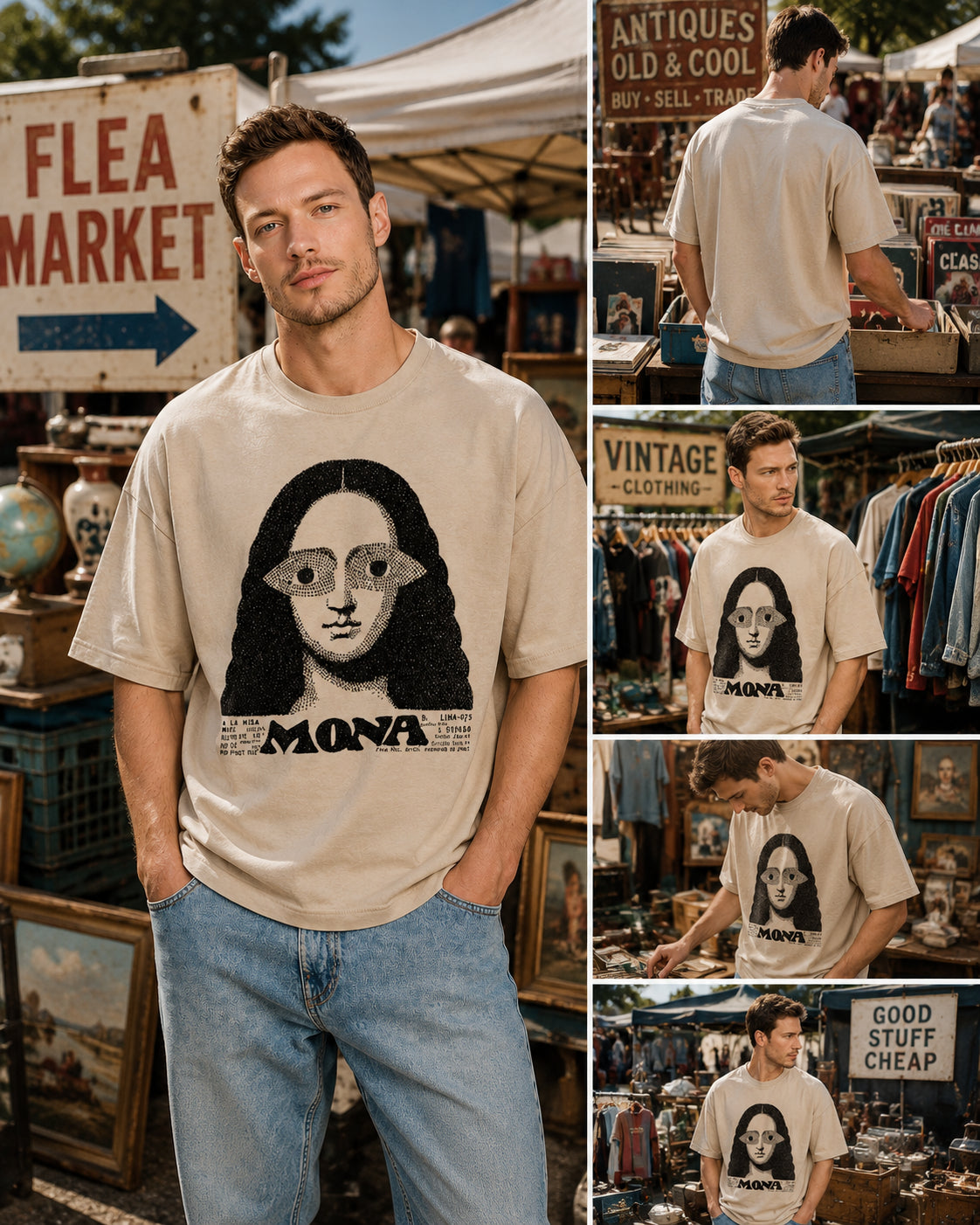 Man wearing a Mona graphic t-shirt featuring artistic portrait-inspired artwork with a modern vintage aesthetic.
