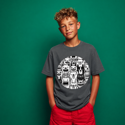 Young boy wearing a dark gray t-shirt with a graphic design on a green background