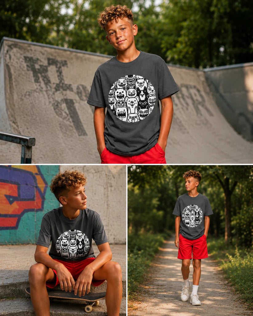 Monster Crowd Tee worn by male model featuring black and white monster character graphic