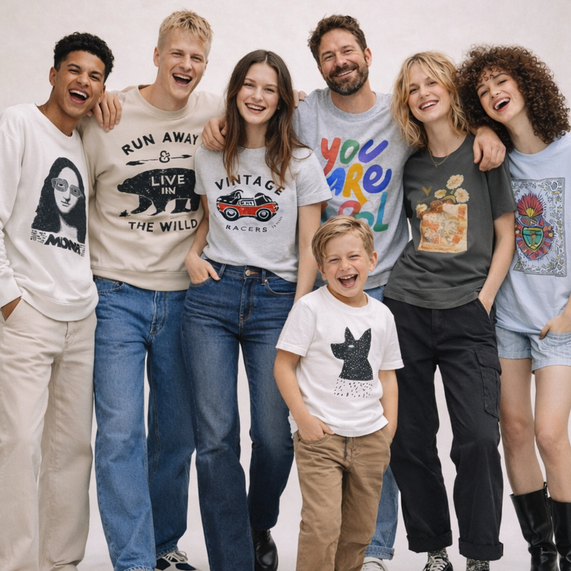 Family posing together with various graphic t-shirts on a plain background, featuring the brand 'Del Lago Greenwich'.