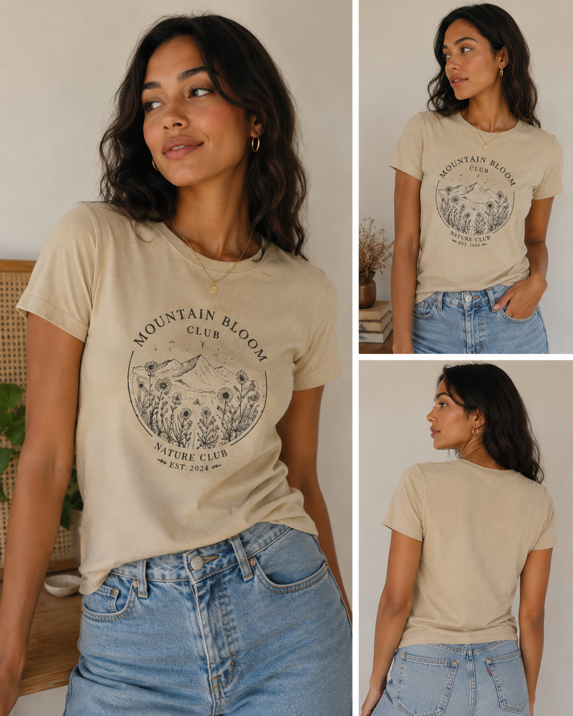 Woman wearing a beige Mountain Bloom Club graphic t-shirt featuring floral mountain artwork inspired by nature and outdoor adventure.