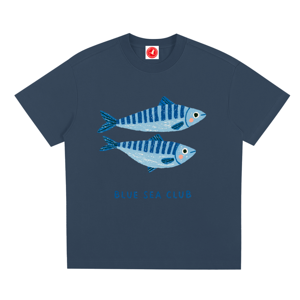Navy blue t-shirt with blue fish graphic and 'Blue Sea Club' text on a white background
