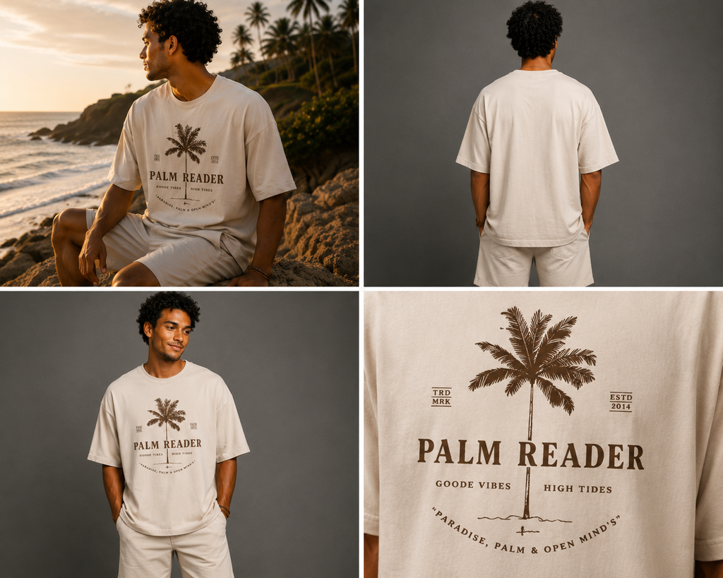 Collage of a person wearing a 'Palm Reader' t-shirt with palm tree design and text, set against a beach and gray background.