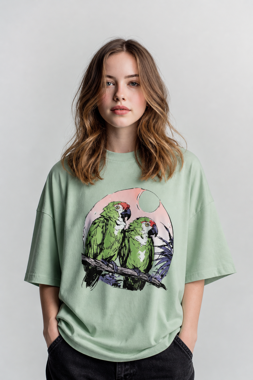 Woman wearing a light green t-shirt with a parrot design on a plain background