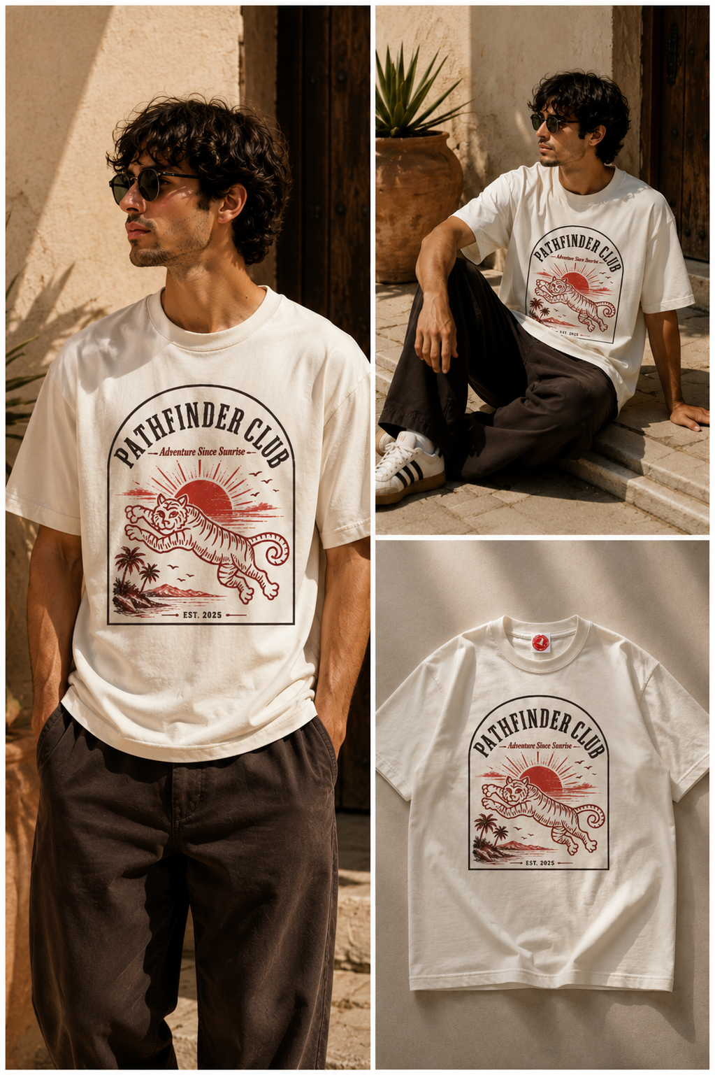 Collage of a man wearing a 'Pathfinder Club' t-shirt with a tiger design.