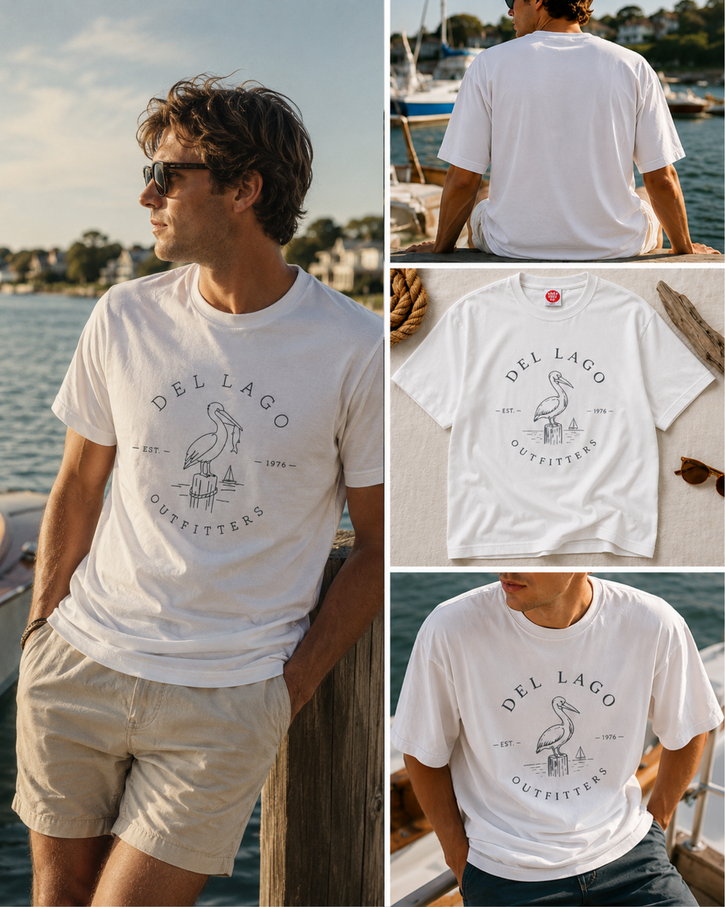 A model wearing a Pelican graphic t-shirt featuring original coastal bird artwork inspired by beach living and nature.