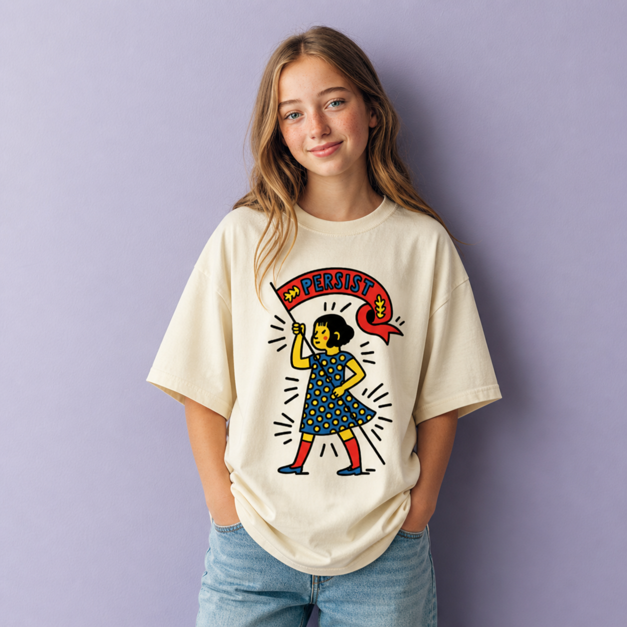 Person wearing a t-shirt with a graphic design on a purple background