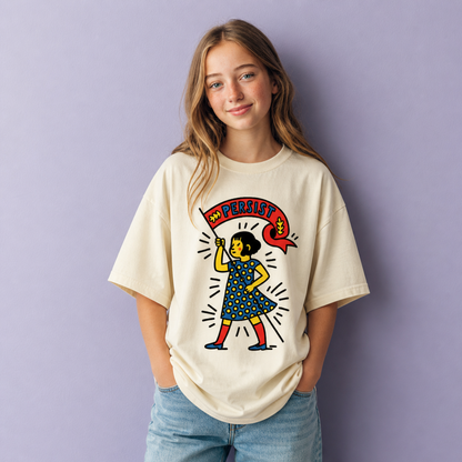 Person wearing a t-shirt with a graphic design on a purple background