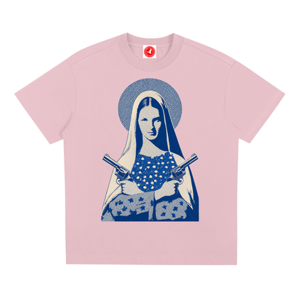Pink Outlaw Saint Sorona® oversized drop-shoulder graphic tee with blue vintage-inspired artwork.