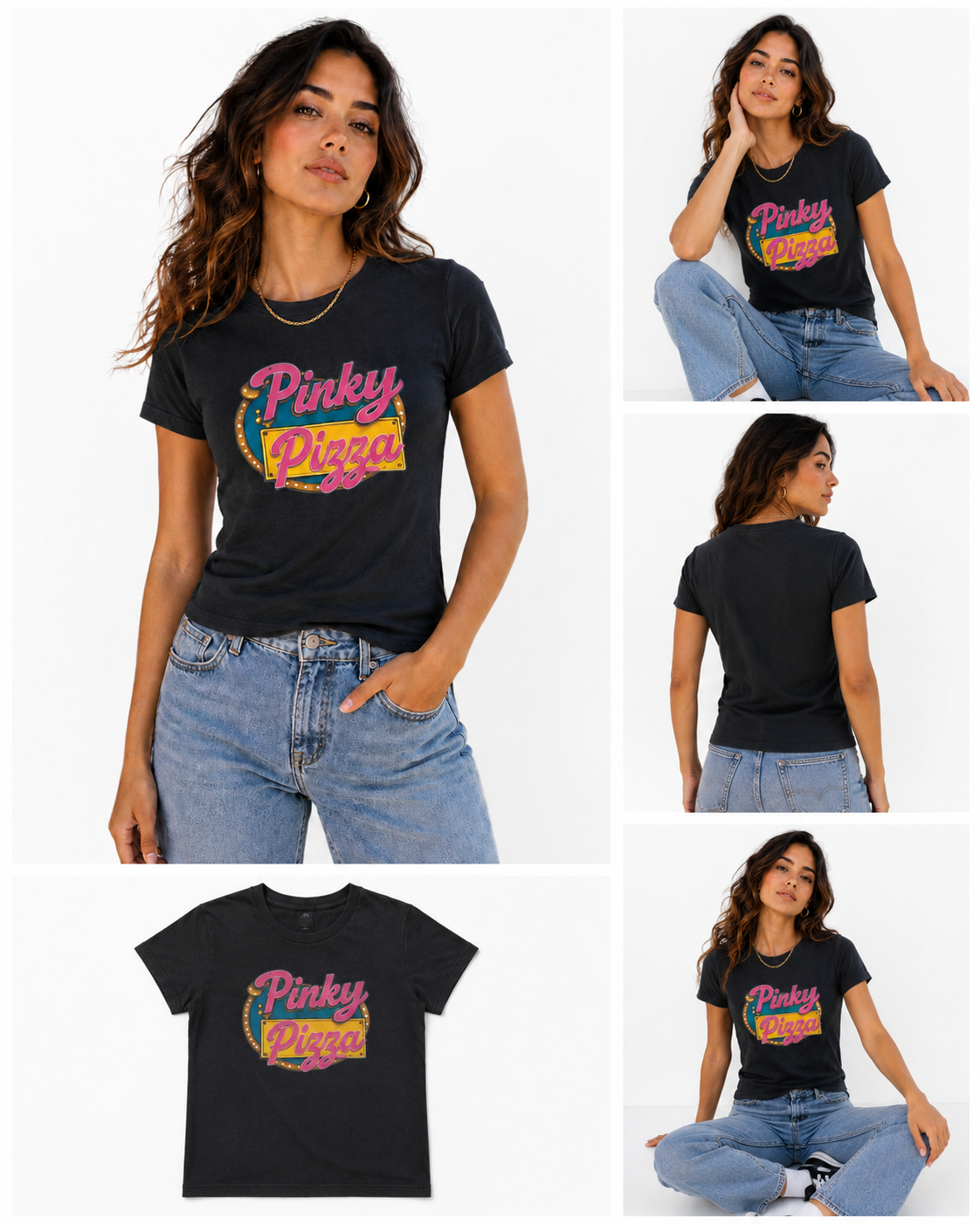 Women's slim fit Pinky Pizza graphic tee shown in a lifestyle collage featuring front, back, seated model views, and a flat product image.
