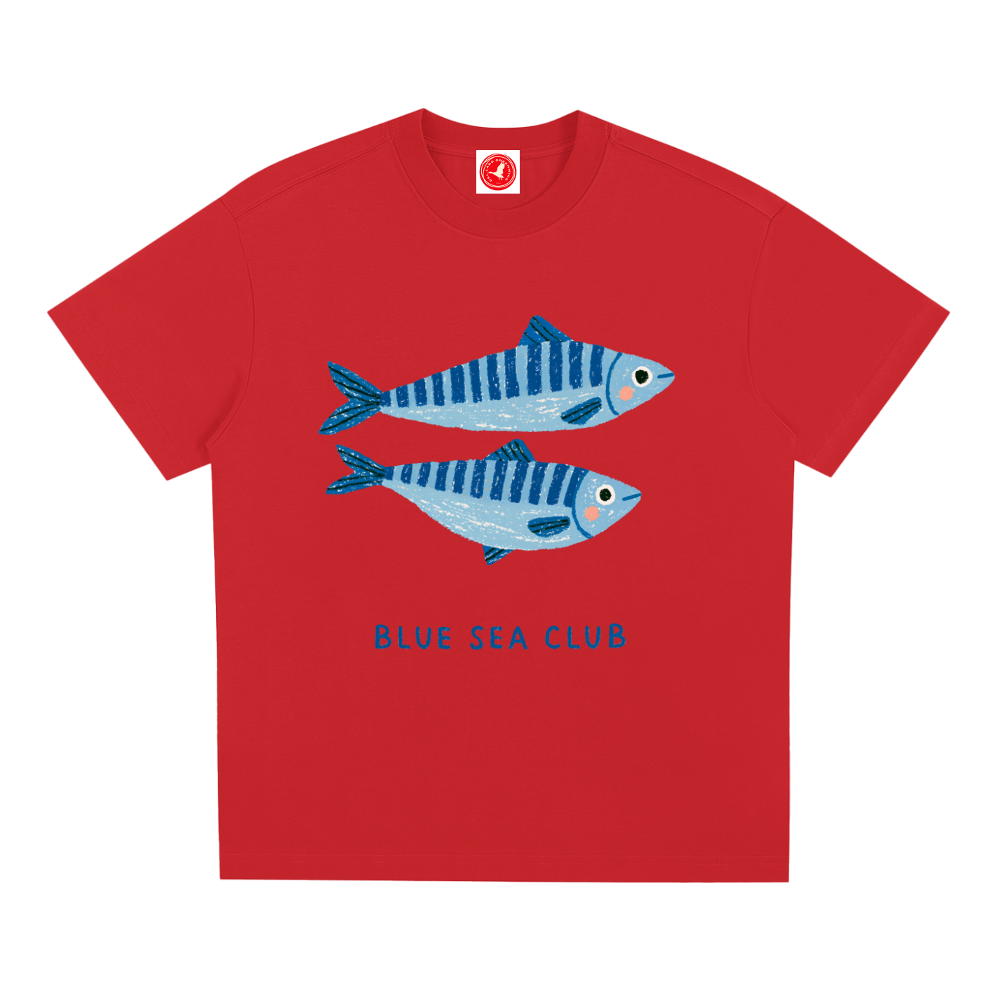 Red Blue Sea Club graphic t-shirt featuring coastal-inspired artwork celebrating ocean adventures and seaside living.
