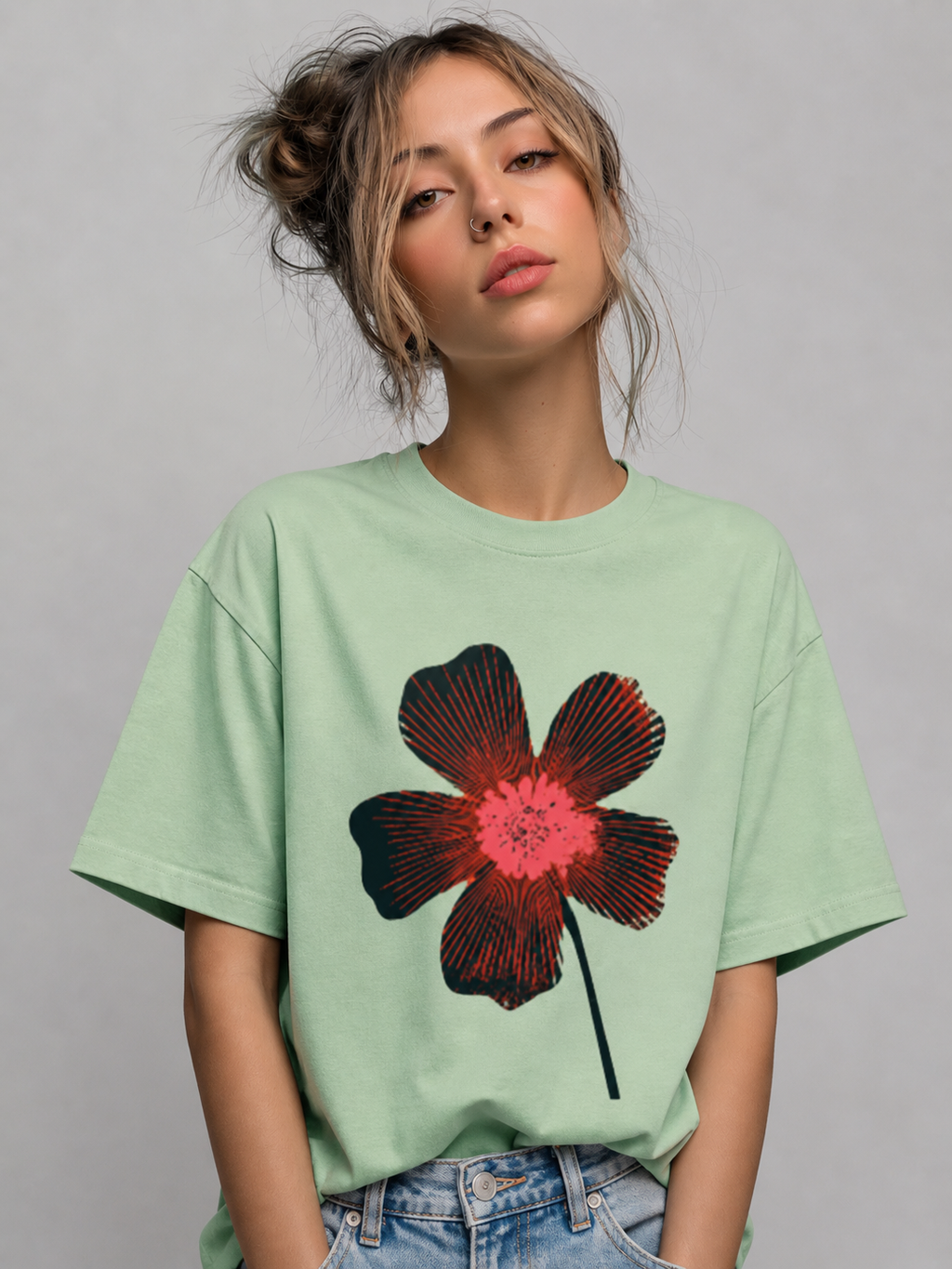 Model wearing the Retro Bloom graphic t-shirt featuring vintage floral artwork inspired by retro style and botanical beauty.