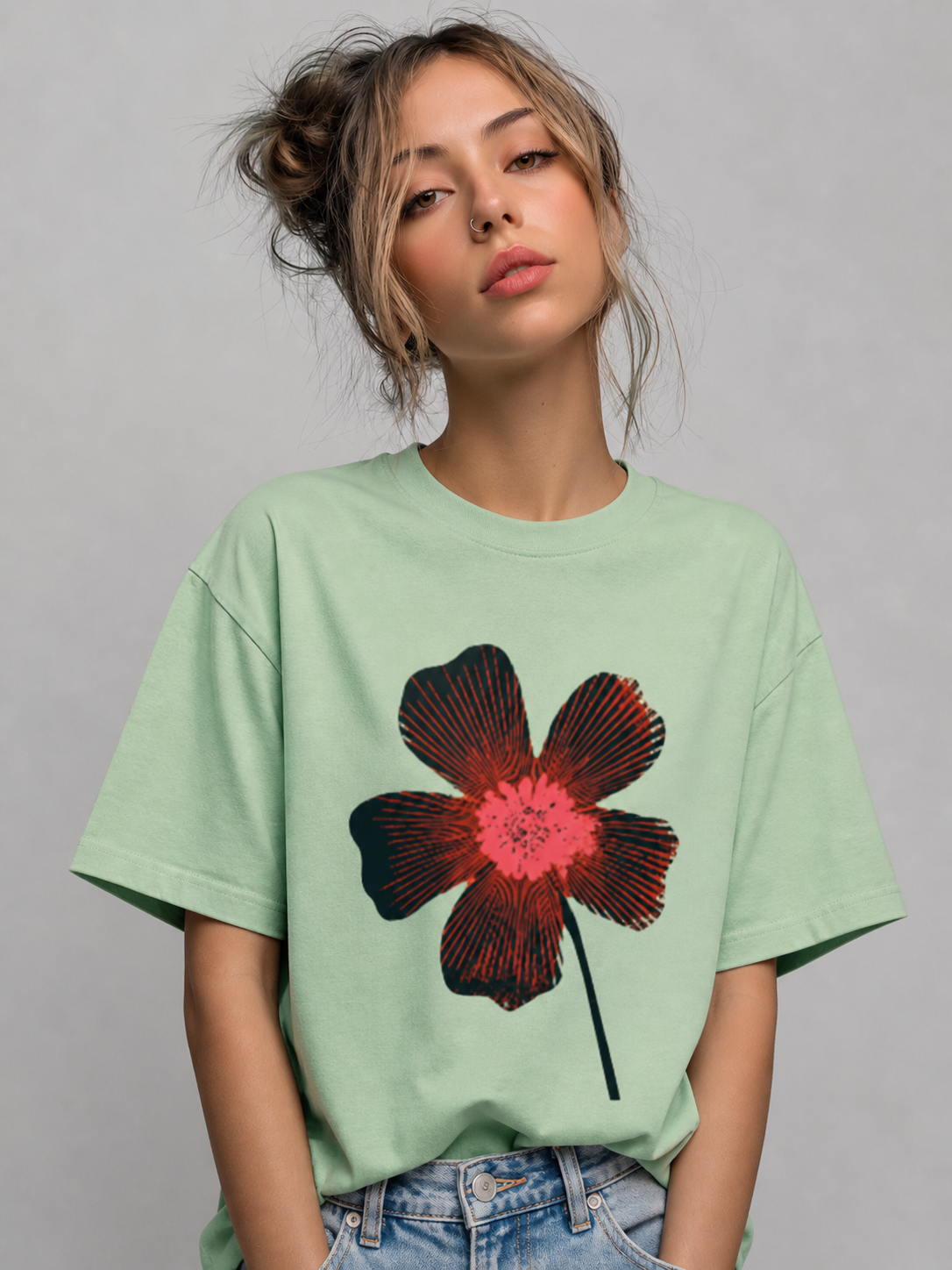 Model wearing the Retro Bloom graphic t-shirt featuring vintage floral artwork inspired by retro style and botanical beauty.