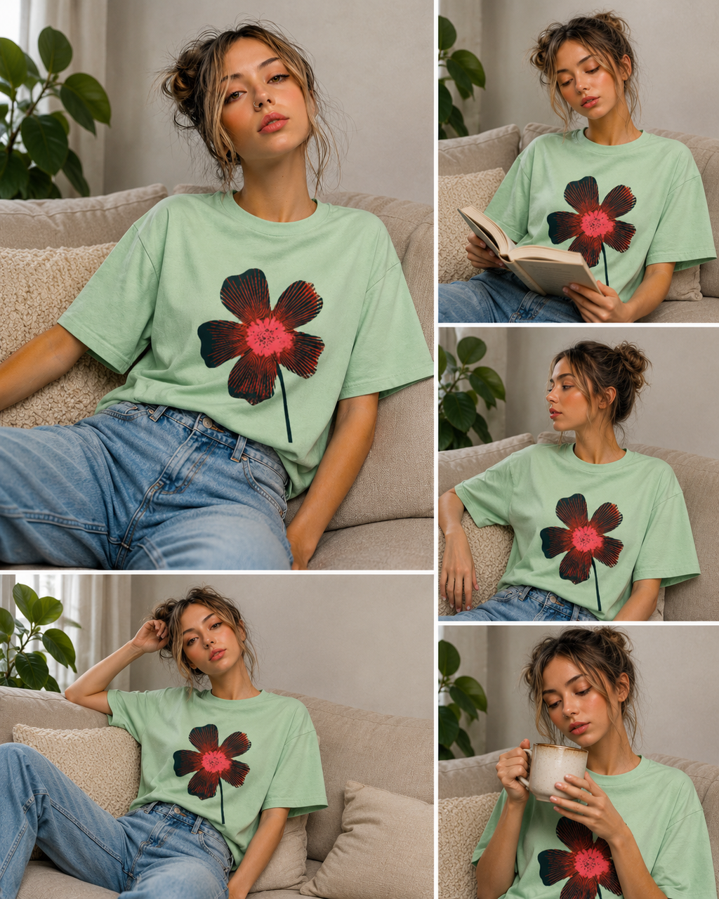 Model wearing the Retro Bloom graphic t-shirt featuring vintage floral artwork inspired by retro style and botanical beauty.