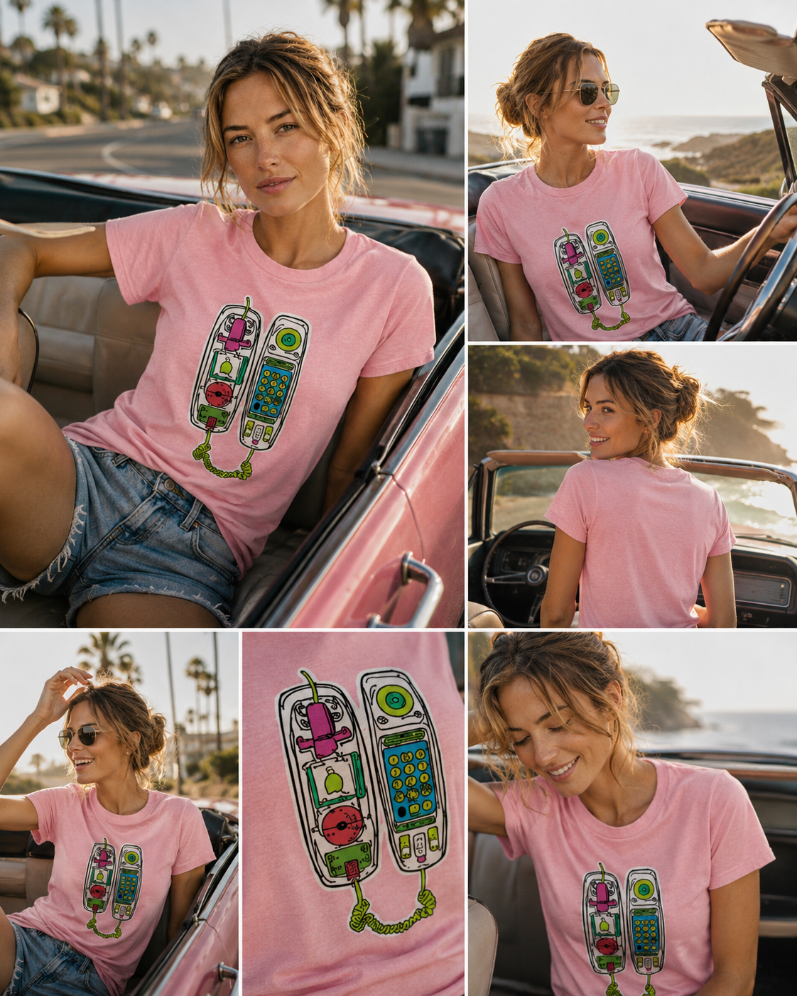 Woman wearing a pink Retro Call graphic t-shirt featuring vintage telephone artwork inspired by nostalgia and retro design, sitting in a convertible car.